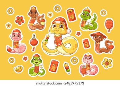 Set Of Adorable New Year Themed Snake Stickers Featuring Festive Designs And Decorations. Festive Characters Patches