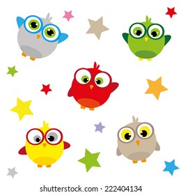 Set of adorable owls and star