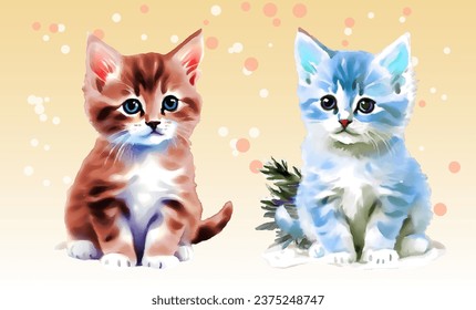 Set adorable painted watercolor kittens on holiday snowy background.  Isolated design element for greeting card, poster, flyer, banner, baby showers, Christmas. Vector illustration. 