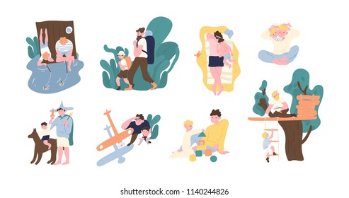 Set of adorable pair of father and son spending time together - playing, fishing, hiking, sunbathing, building tree house, launching toy airplane. Happy fatherhood. Flat cartoon vector illustration.