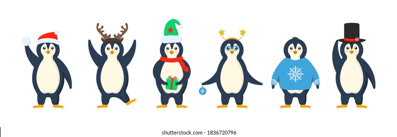 Set of adorable penguins wearing winter clothing and hats. Collection of funny cartoon arctic characters animals in outerwear. Postcard for New Year and Christmas. Vector image in cartoon flat style.