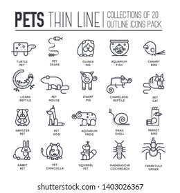 Set of adorable pets thin line icons, logos isolated on white background. Domestic animal and insects outline pictograms collection. Tamed home habitant vector elements for infographic, web.