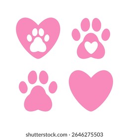 Set of adorable pink pet-themed icons – includes paw prints, hearts, and heart-paw combinations – perfect for animal rescue, pet branding, or cute animal lover designs.