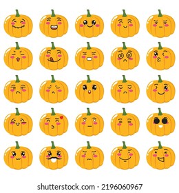 Set of adorable pumpkin emoticon face isolated on white background