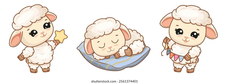 Set of adorable sheep. Baby with garland, baby sleeping on soft pillow, baby standing and holding star. Vector illustration for poster, greeting card and design for kids.