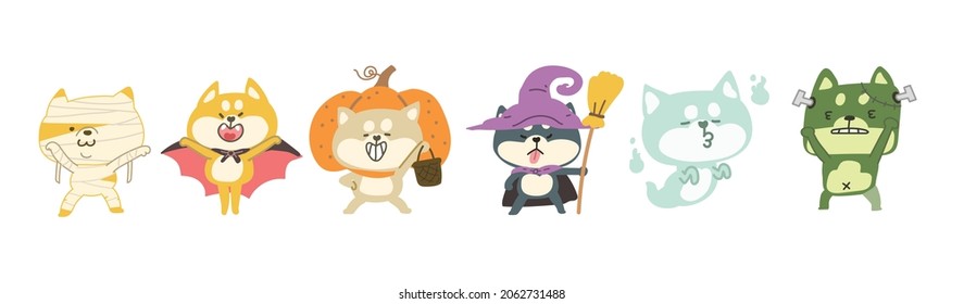 Set of adorable Shiba dogs in Halloween costumes. Cute cartoon characters for decoration. Happy Halloween day. Funny character for kids. Flat vector illustration.