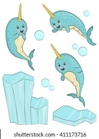 A set of adorable smiling cartoon narwhal animal characters. Unicorn fish in different positions, shiny iceberg and bubbles.