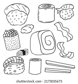 Set of adorable sushi cartoon character isolated on white background. Sushi bar food collection in ukiyo-e style, Japanese food and sushi