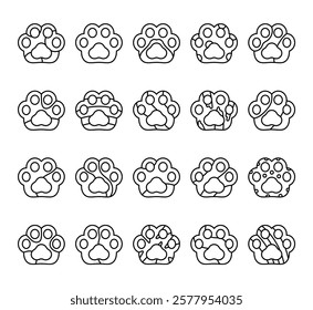 Set of adorable taba paw animal prints with unique different details and soft shapes in outline illustrated clip art design for your creative stylish projects