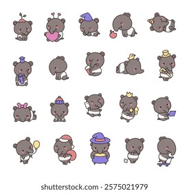 Set of adorable tapir cute kawaii cartoon animal characters with unique emotions accessories and creative charming cheerful diverse interesting poses for yours design