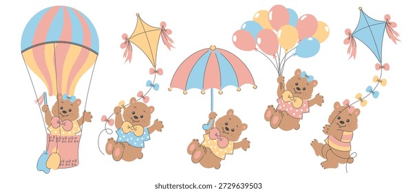 Conjunto de adorables osos de peluche vuelan y juegan con un globo de aire caliente, cometas y globos. Ilustración infantil.
