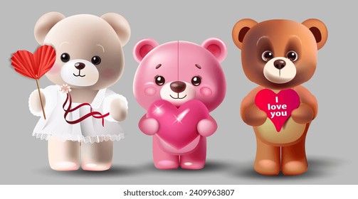 Un conjunto de adorables osos de peluche con corazones