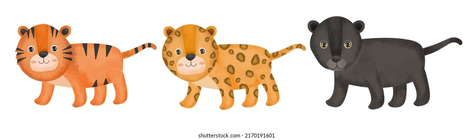 Set of adorable tiger in difference type, leopard and panther in watercolor painting on white background for postcard design, vector illustration