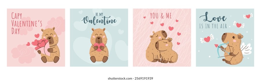 Set of adorable Valentines Day vector cards featuring cute capybaras, hearts, and romantic quotes. Perfect for greeting cards, invitations, social media posts, and gifts. Sweet and playful design.