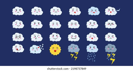 Set of adorable weather character cartoon. sun, rain, storm, snow, wind, moon, rainbow, umbrella and other in cartoon simple flat style. Cute characters