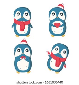 Set of adorable winter penguins in knitted gloves, scarfs and hats. Vector illustration in cute cartoon style