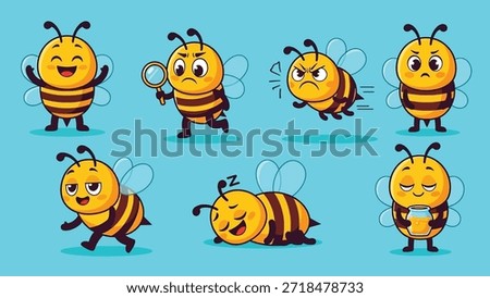 A set of adorable yellow and black striped cartoon bees showing different emotions and actions, including happy, angry, sleepy, and curious.