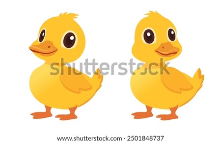 A set of adorable yellow ducklings in different poses, perfect for children's educational materials, storybooks, or farm-themed designs. The illustration features a cute and friendly style