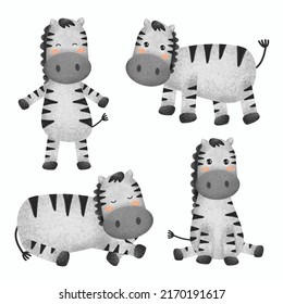 Set of adorable zebra in various gesture in watercolor painting for postcard design, vector illustration