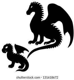 Set of adult and baby dragon silhouettes isolated on white