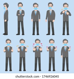 Set of Adult Business  Character wearing protective Medical mask for prevent Corona Virus design in various action with emotions Cartoon flat  concept.