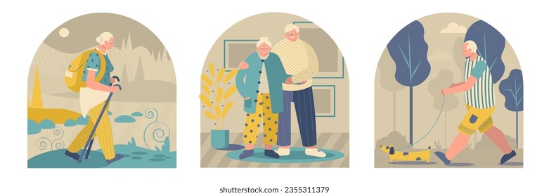 Set of adult couple traveling. Adult woman walking with backpack and trekking sticks. Male walking outside with dog. Active and healthy lifestyle concept. Flat vector illustration in cartoon style