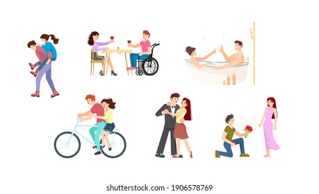 Conjunto de Parejas Adultas se enamoran, personas en diferentes situaciones de citas amorosas. Caracteres aislados en el fondo blanco. Ilustración de Vector de arte plano