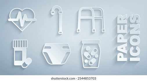 Conjunto Pañal adulto, caminador, botella de medicina y píldoras, bastón de bastón e icono de frecuencia cardíaca. Vector