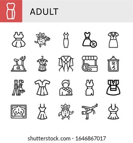 Set Of Adult Icons. Such As Dress, Drunk, Stationary Bike, Suit, Shopper, Logogram, Foxtrot, Waitress, Mammogram, Strong, Capoeira , Adult Icons