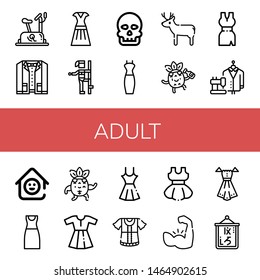 Set of adult icons such as Stationary bike, Suit, Dress, Pole dance, Anthropology, Deer, Drunk, Laugh room, Strong, Muscle, Logogram , adult