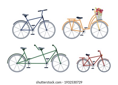 Set of adult and kids bicycles, two-seater bike, with blooming flowers isolated icons set. Vector cycling transport, leisure sport activity mountainbike with pedals, extreme adventure cycle