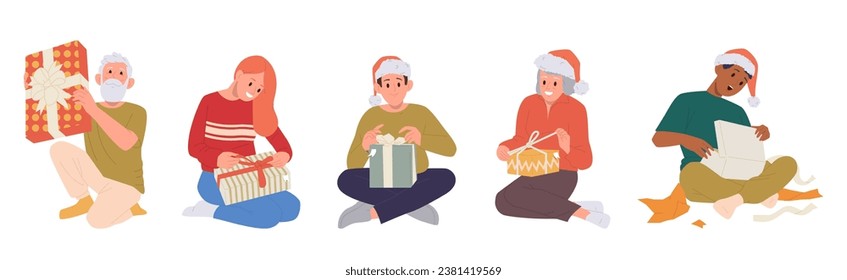 Set of adult people cartoon character opening gift box with surprise inside celebrating holiday