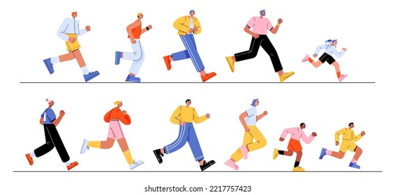 Set of adult people and children running isolated on white background. Flat male and female characters hurrying to goals, rushing on business, jogging. Motivated for success. Vector illustration