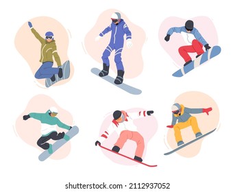 Set of Adult People Dressed in Winter Clothing Snowboarding. Male Female Snowboard Riders Characters Having Fun, Winter Mountain Sports Activity. Resort Sport Sparetime. Cartoon Vector Illustration