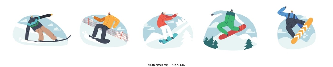 Set of Adult People Dressed in Winter Clothes Snowboarding Sparetime. Male Female Snowboard Riders Characters Having Fun, Winter Mountain Sports Activity. Resort Sport. Cartoon Vector Illustration
