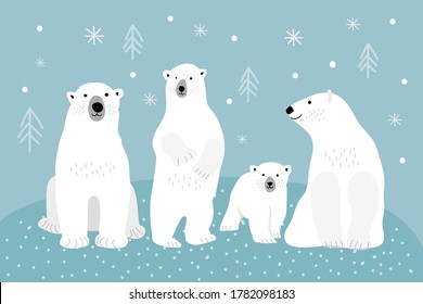 Set of adult polar bears and their young cubs in various poses. Northern animals. Vector