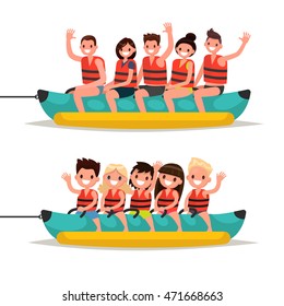 Set adults and children ride on a banana boat. Vector illustration of a flat design