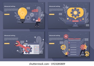 Conjunto de ilustración de la página de inicio del concepto de configuración avanzada. Cambiar la configuración, establecer la imagen. Puede utilizarse para plantillas de página de inicio web, banner, presentación, social, afiches y promoción