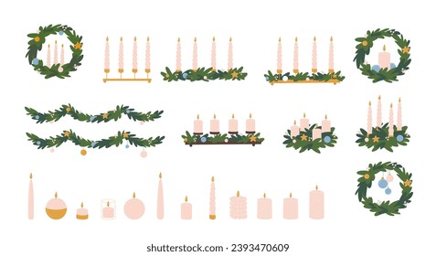 Juego de coronas advenedizas con cuatro velas.Decoración tradicional alemana para invierno y vacaciones.Ilustración vectorial al estilo de dibujos animados planos, con garland, baubles y ramas sobre fondo blanco.