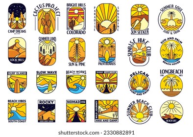 Juego de insignias de aventura para los diseños de camisetas marca de ropa y logo, veraniega tropical Beach y el logotipo del desierto ilustración vector