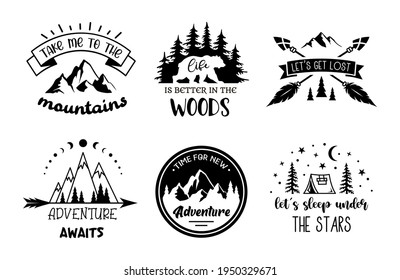 Set of adventure emblem designs. Vector travel quote. Explore sign label. Tourism badge. Outdoor summer design elements. wanderlust symbol, print for shirt.