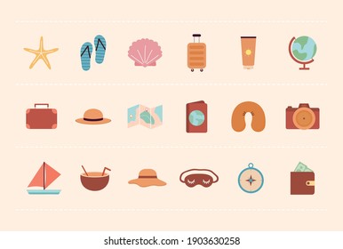 set of adventure icons on a beige background vector illustration design