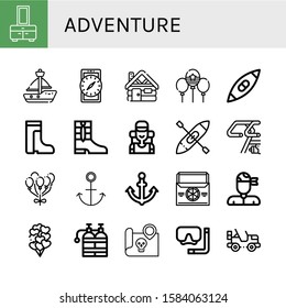 Set of adventure icons. Such as Chest, Sailboat, Compass, Cabin, Balloon, Kayak, Boots, Climber, Bike, Anchor, Thermo bag, Pirate, Balloons, Oxygen tank, Treasure map , adventure icons