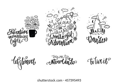 Set of adventure lettering. Hand drawn illustration. Vector art. Travel and adventure concept