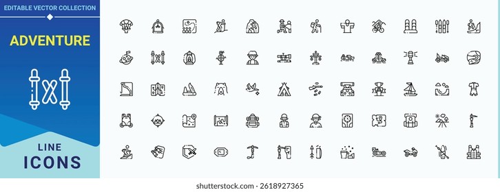 Set of Adventure line icon. Featuring climb, travel, journey, hiking, camp and more. Thin UI icons. Travel linear icon collection. Editable stroke. Vector collection.