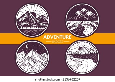 Set Adventure Logo Badges Mountain Camping Landscape Vintage Outdoor Draw Symbol Clip-Illustration
