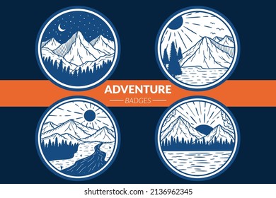 Set Adventure Logo Badges Mountain Camping Landscape Vintage outdoor Hand Drawn icon clipart illustration