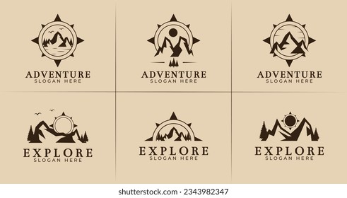 Set of adventure logo design. Mountain symbol with compass concept for explore. Nature journey vector template