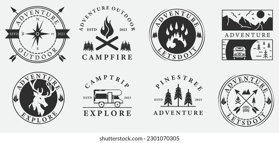 set of adventure logo icon vector design, various bundle holidays campfire mountain design.