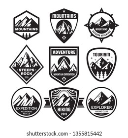 Set of adventure outdoor concept badges, summer camping emblem, mountain climbing logo in black & white colors. Monochrome stencil stamps. Creative vector illustration. Graphic design elements.  